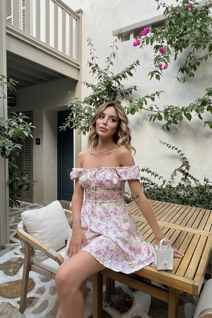 Floral Front Laced Mini Dress ATE1577 - ETİKA