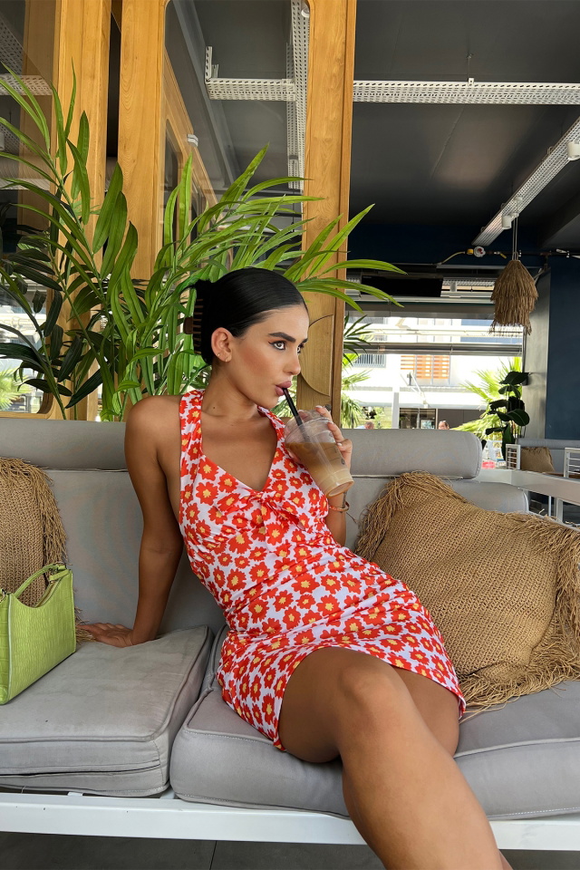 Flower Pattern Halter Collar Mini Dress ATE1956 - 1