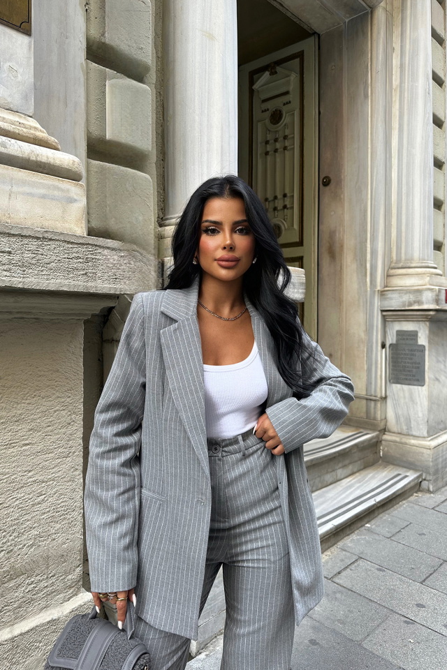 Füme Çizgili Pantolonlu Takım ATE8667 - 5