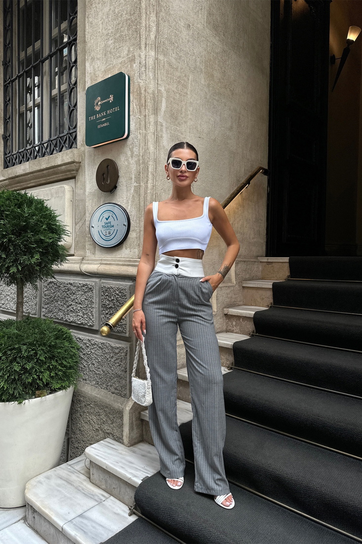 Füme Çizgili Yüksek Bel Pantolon ATE7105 - EYYO