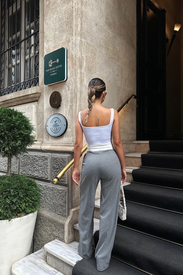 Füme Çizgili Yüksek Bel Pantolon