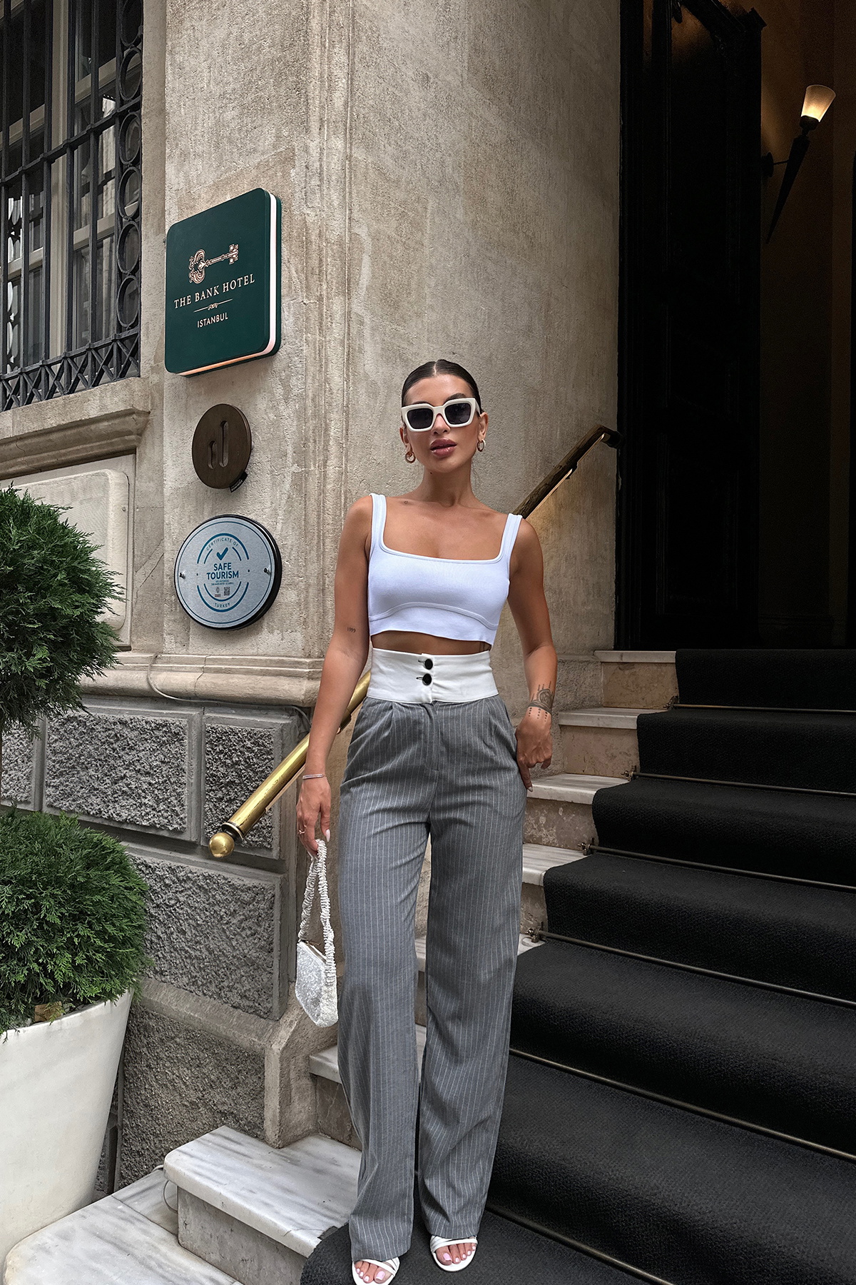 Füme Çizgili Yüksek Bel Pantolon - 1