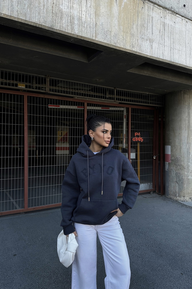 Füme Eyyo Nakışlı Kapşonlu Sweat ATE-0797 - EYYO