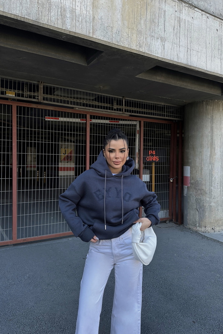 Füme Eyyo Nakışlı Kapşonlu Sweat ATE-0797 - EYYO