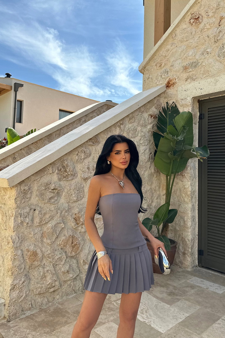 Füme Anja Pileli Mini Straplez Elbise ATE-0780 - EYYO