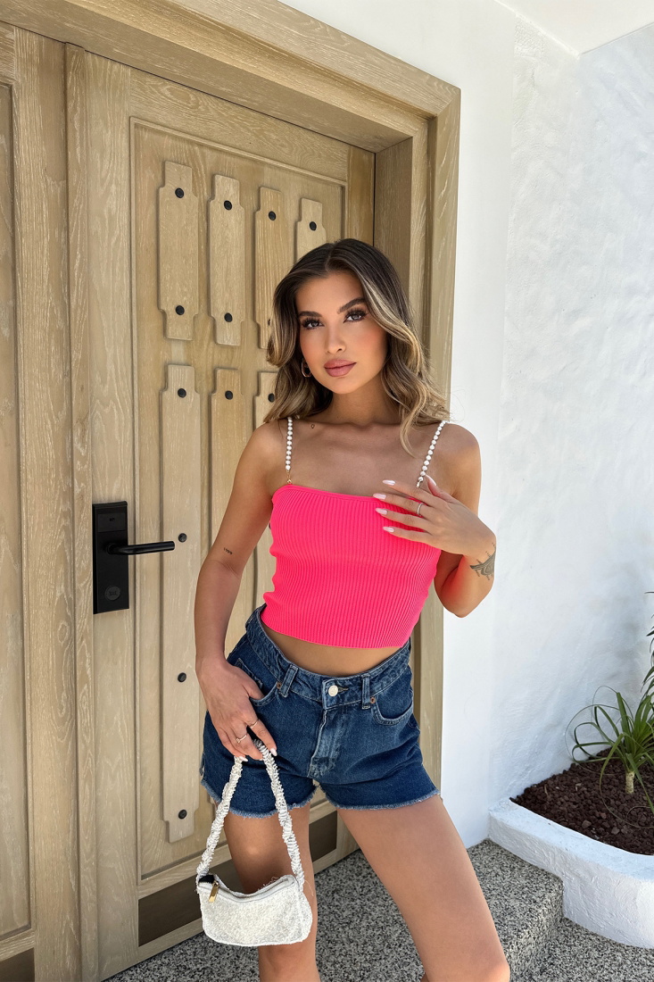 Fushcia Pearl Detail Crop Top ATE7007 - EYYO