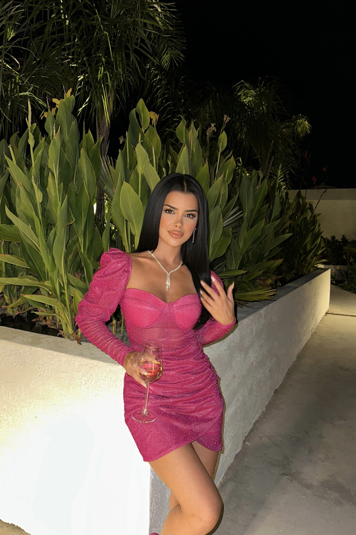 Fuşya Asimetrik Kesim Mini Elbise ATE7916 - EYYO