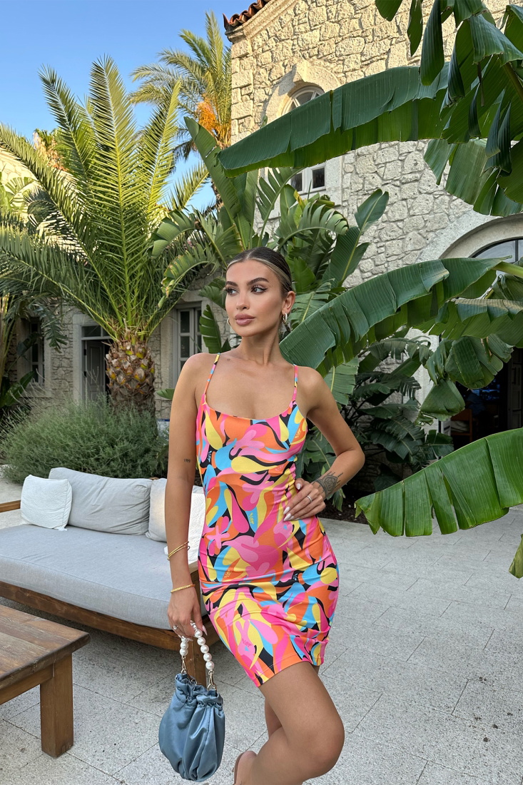 Fuşya Askılı Akışkan Desen Elbise ATE7593 - EYYO