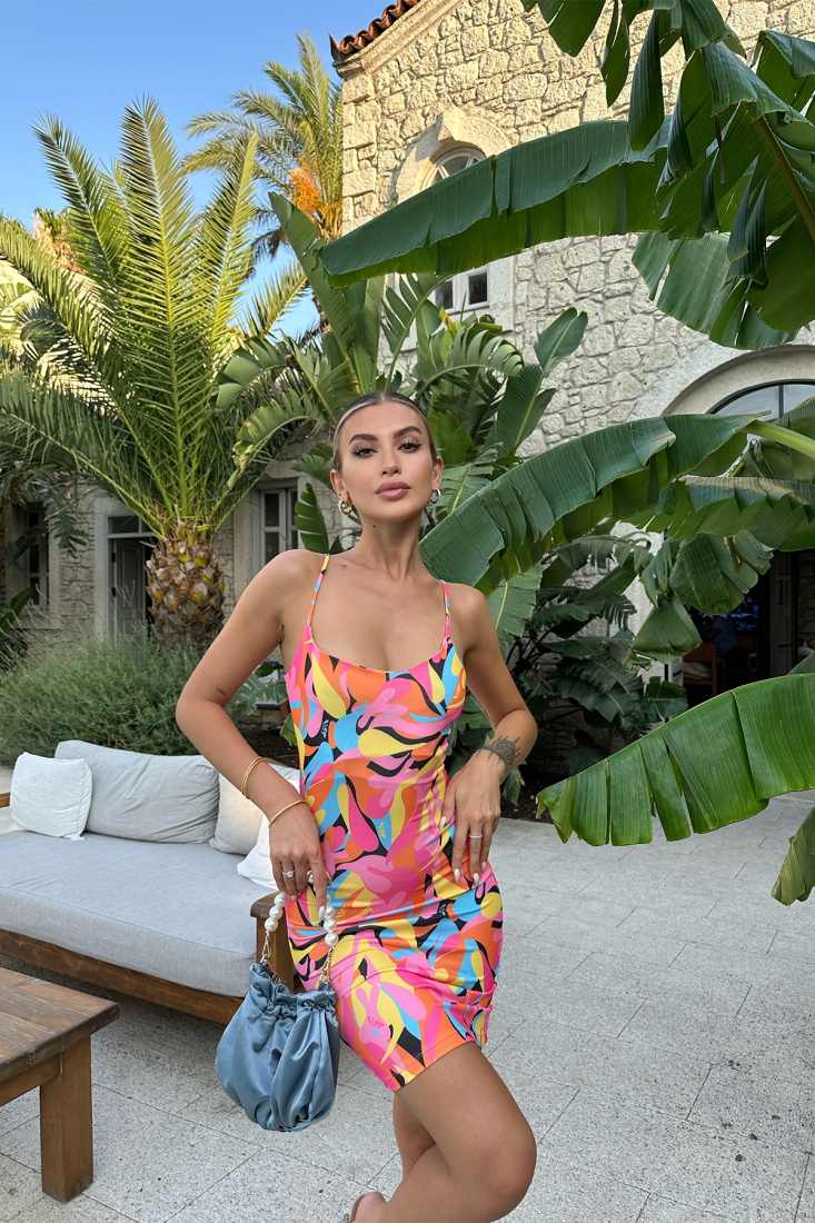 Fuşya Askılı Akışkan Desen Elbise ATE7593 - EYYO