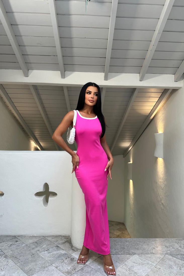 Fuşya Askılı Basic Uzun Elbise ATE8120 - EYYO