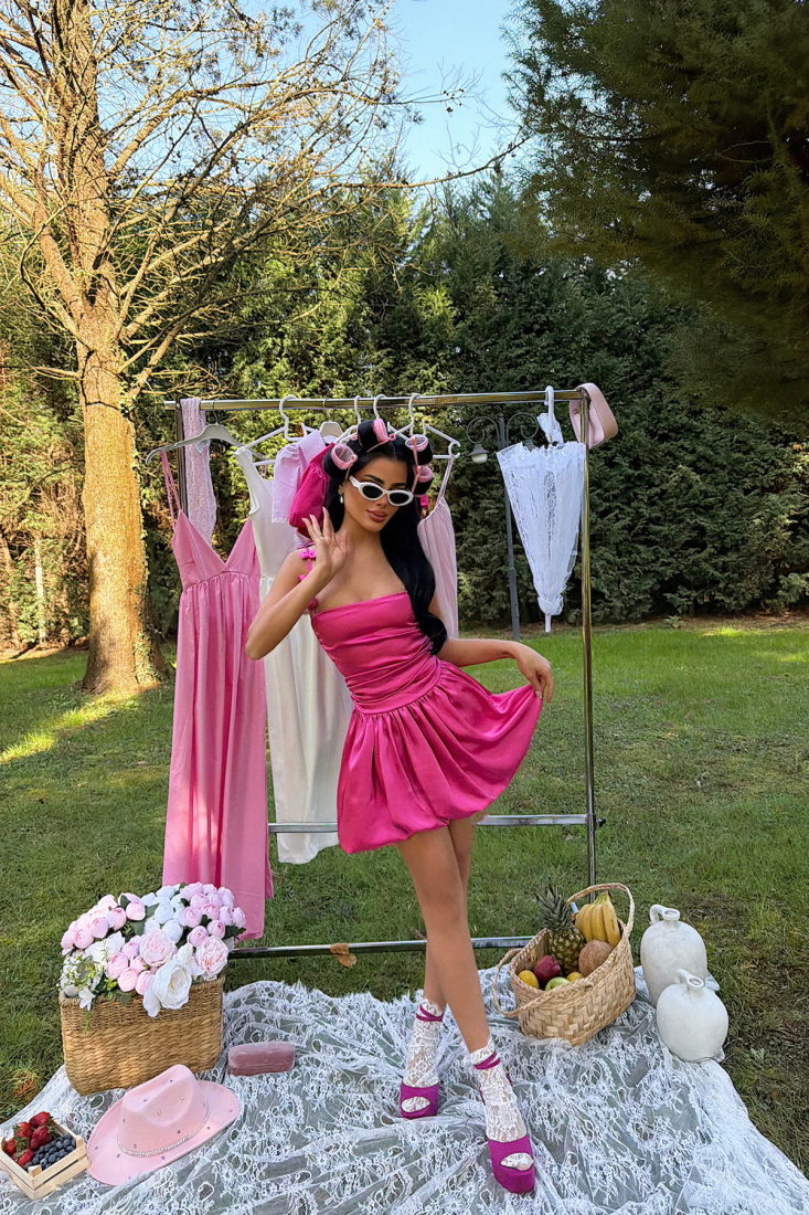 Fuşya Cecilia Askısı Fiyonk Detaylı Mini Balon Elbise ATE-3338 - EYYO