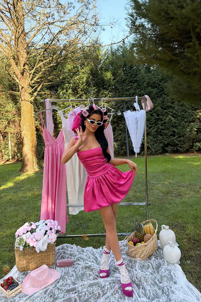 Fuşya Cecilia Askısı Fiyonk Detaylı Mini Balon Elbise ATE-3338 - 2