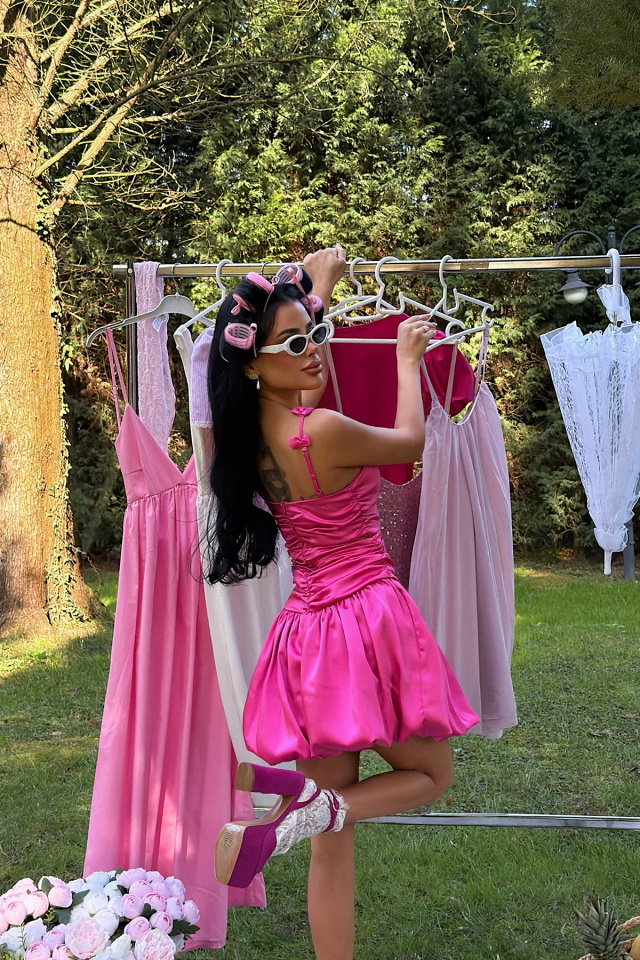 Fuşya Cecilia Askısı Fiyonk Detaylı Mini Balon Elbise ATE-3338 - 5