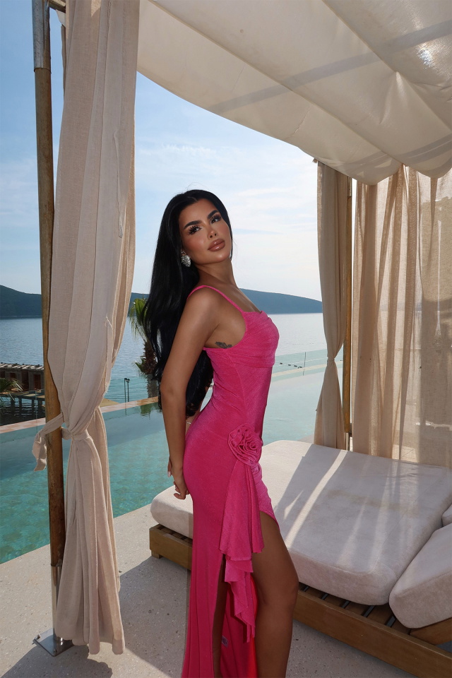 Fuşya Bedhany Gül Detaylı Yırtmaçlı Uzun Elbise ATE-2319 - 3