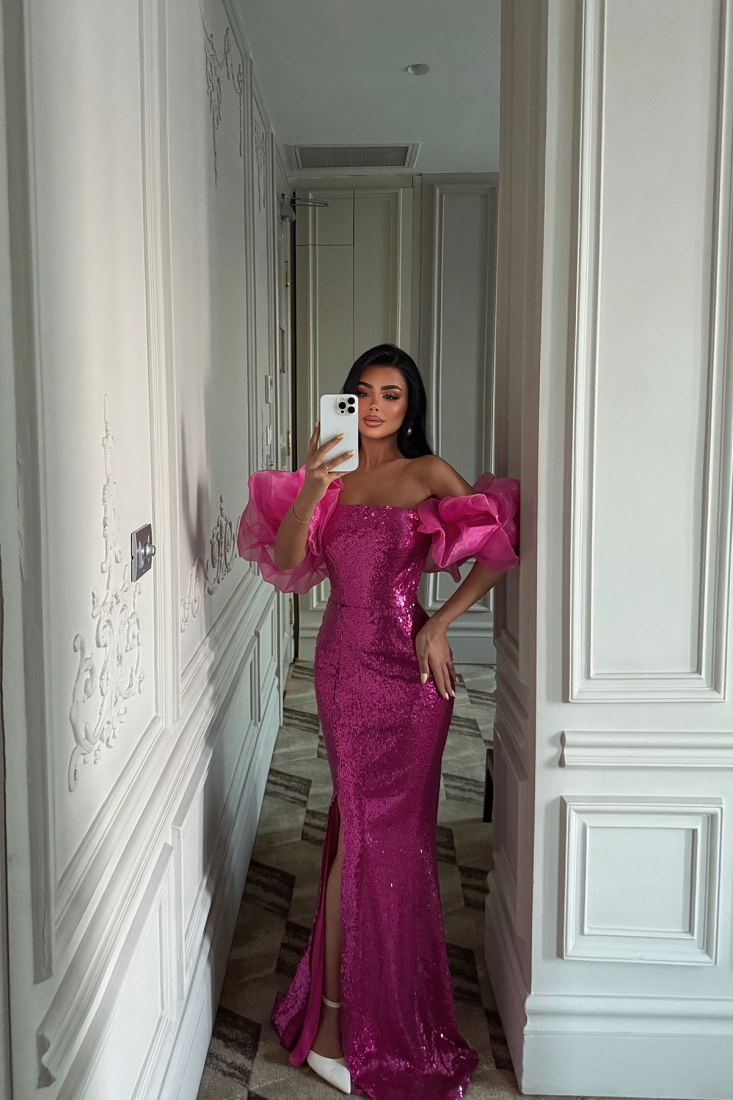 Fuşya Pailette Yırtmaçlı Uzun Elbise ATE-2972 - EYYO