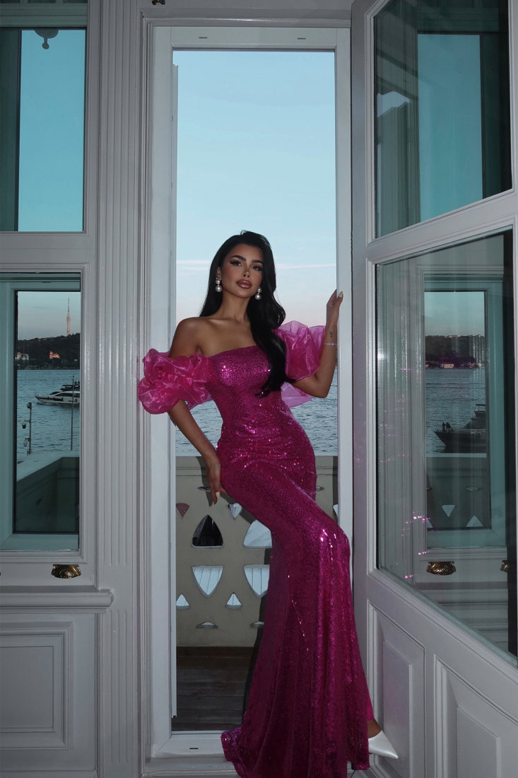 Fuşya Pailette Yırtmaçlı Uzun Elbise ATE-2972 - EYYO