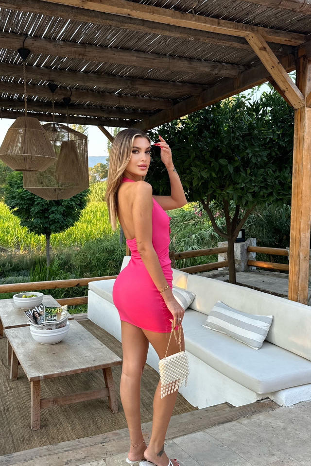 Fuşya Bağlamalı Mini Elbise ATE8059 - 5