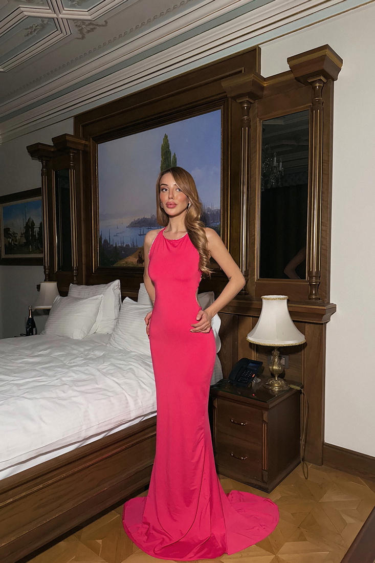 Fuşya Spence Kenarları Işıltılı Sırt Dekolteli Elbise ATE-2199 - EYYO