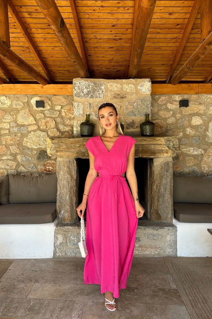 Fuşya Bağlamalı Uzun Elbise ATE8085 - EYYO