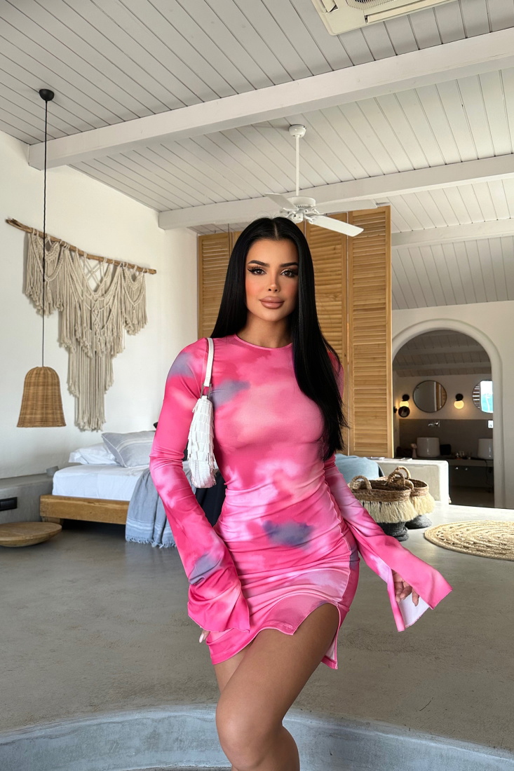 Fuşya Batik Desen Uzun Kol Elbise ATE8239 - EYYO