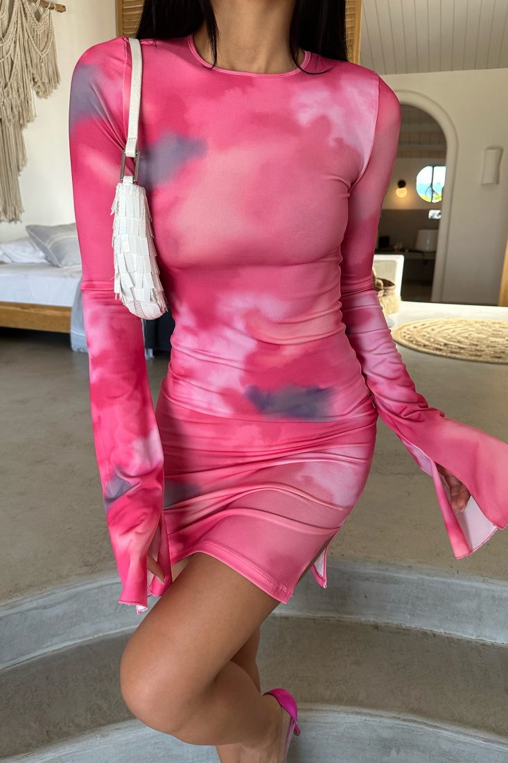 Fuşya Batik Desen Uzun Kol Elbise ATE8239 - EYYO