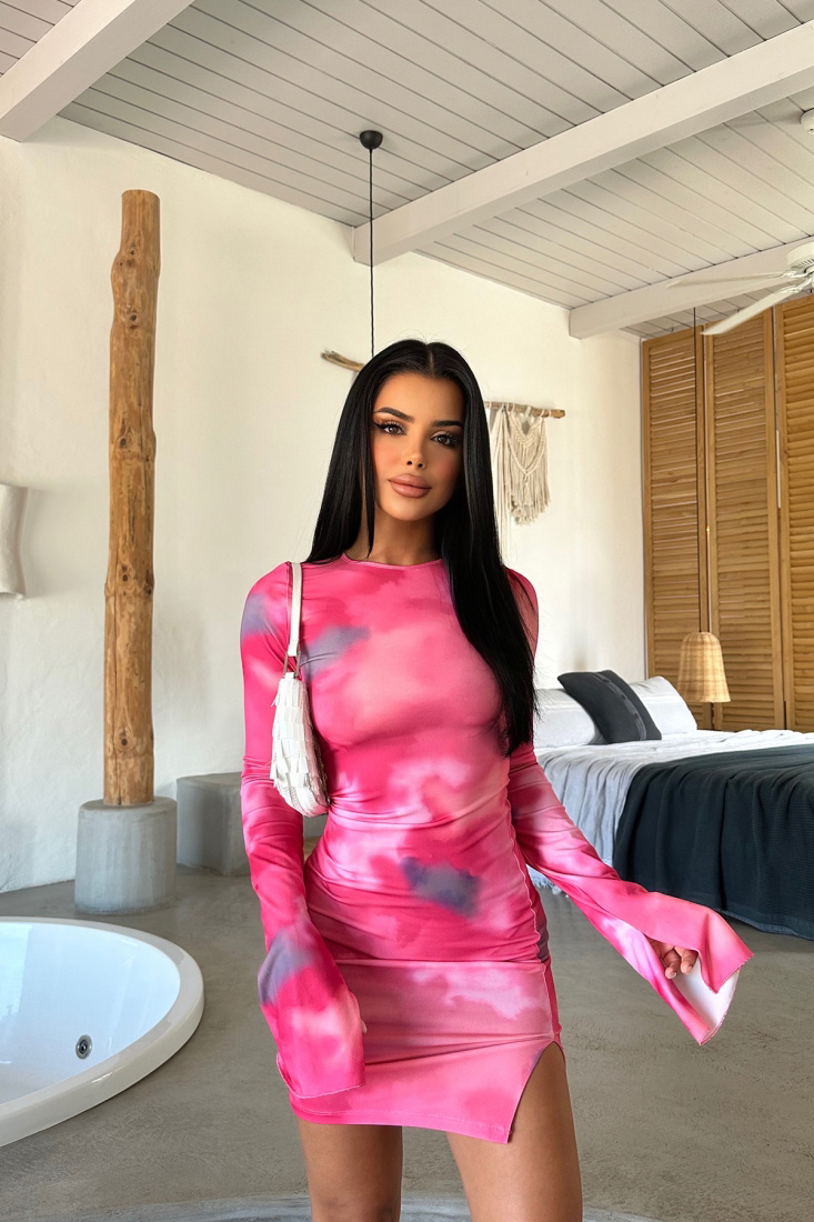 Fuşya Batik Desen Uzun Kol Elbise ATE8239 - EYYO