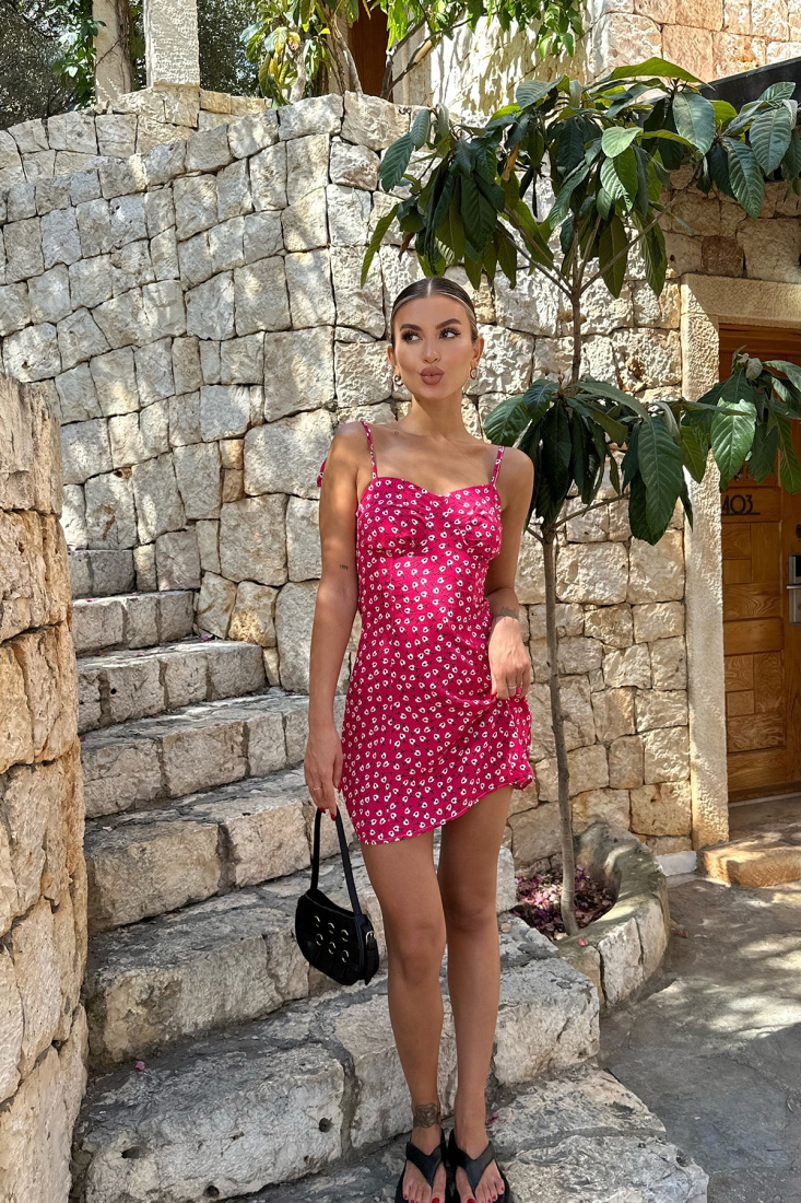 Fuşya Çiçek Desen Askılı Mini Elbise ATE7787 - EYYO