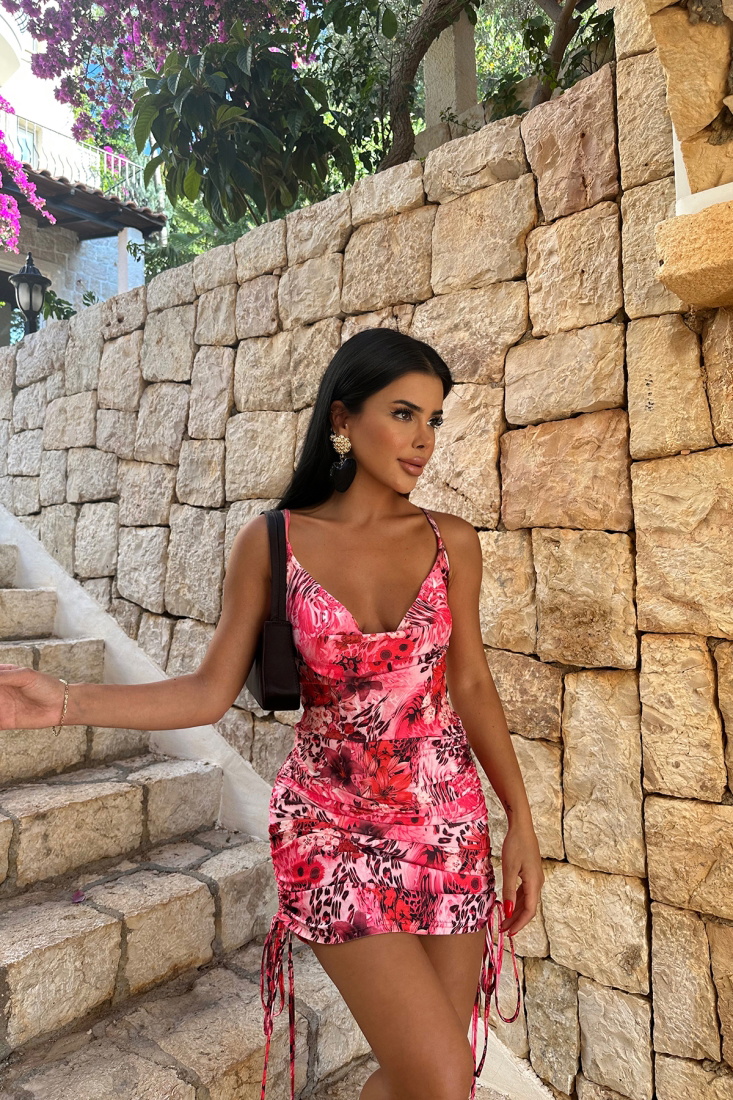 Fuşya Çiçek Desen Büzgülü Elbise ATEL2102 - EYYO