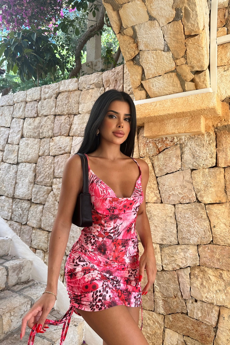 Fuşya Çiçek Desen Büzgülü Elbise ATEL2102 - EYYO