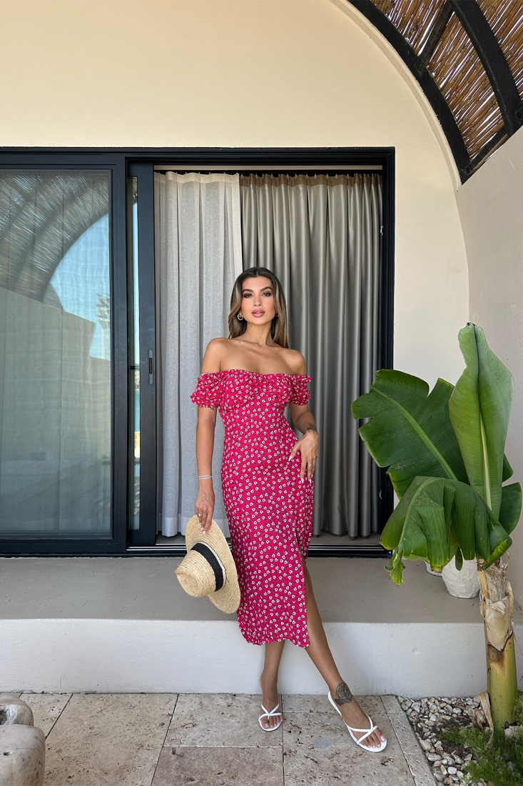 Fuşya Çiçek Desen Yırtmaçlı Elbise ATE7524 - EYYO