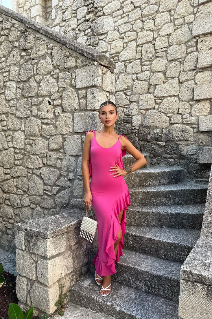 Fuşya Derin Yırtmaçlı Uzun Elbise ATE7575 - EYYO