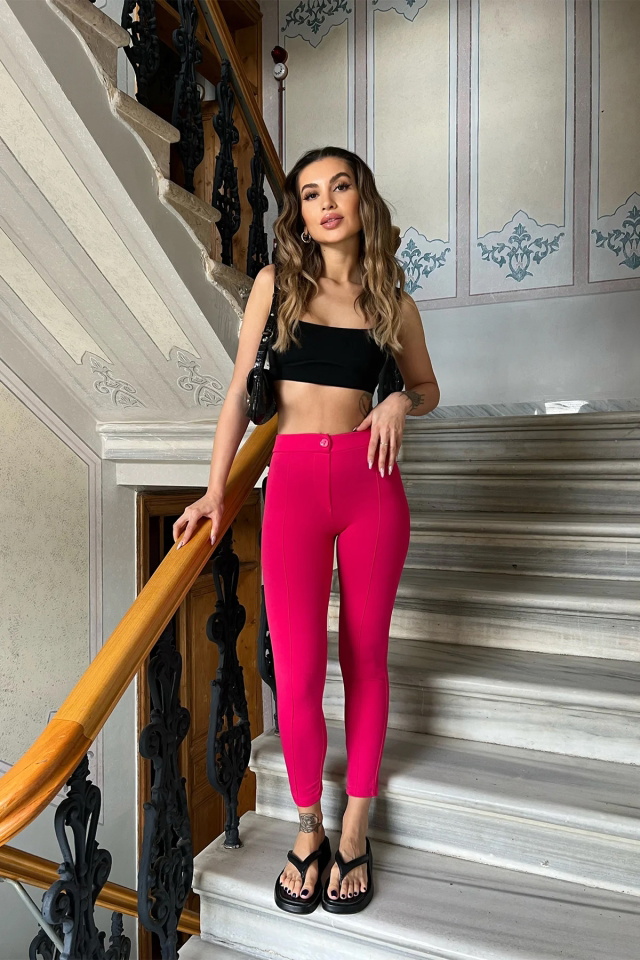 Fuşya Dikiş Detay Dar Pantolon