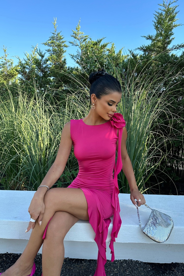 Fuşya Fırfır Detay Mini Elbise ATE7946 - EYYO