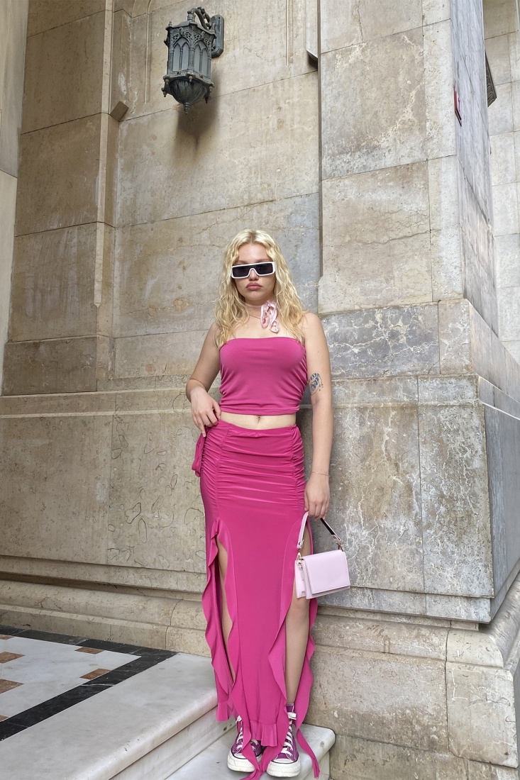 Fuşya Fırfırlı Derin Yırtmaçlı Elbise ATEL2064 - EYYO