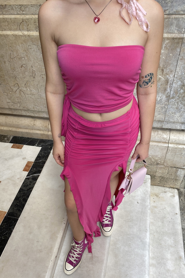 Fuşya Fırfırlı Derin Yırtmaçlı Elbise ATEL2064 - EYYO