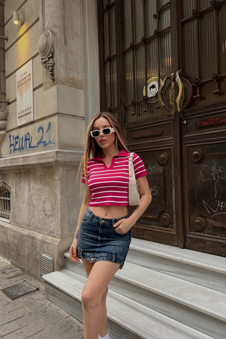 Fuşya Gömlek Yaka Crop Top ATE6819 - EYYO