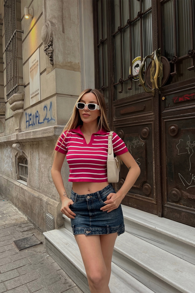 Fuşya Gömlek Yaka Crop Top ATE6819 