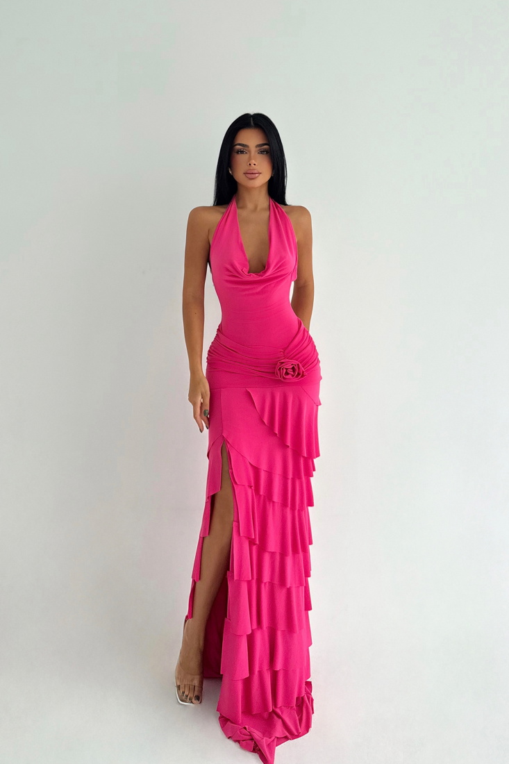Fuşya Destiny Uzun Yırtmaçlı Elbise ATE-3544 - EYYO