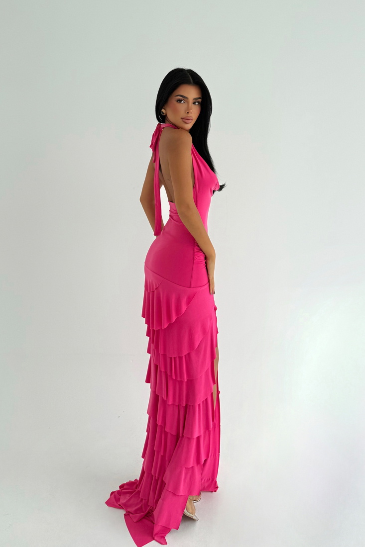 Fuşya Destiny Uzun Yırtmaçlı Elbise ATE-3544 - EYYO