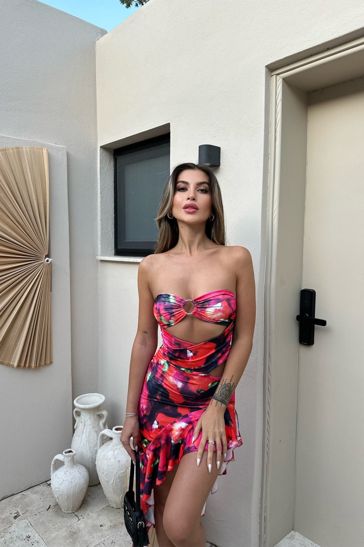 Fuşya Halka Detay Batik Desen Elbise ATE7484 - EYYO