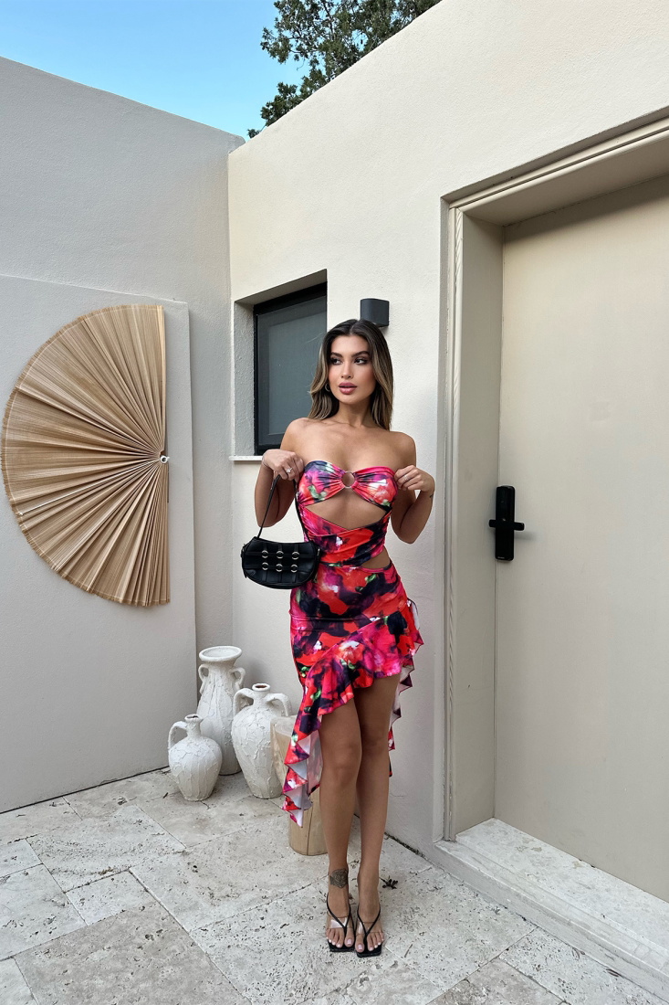 Fuşya Halka Detay Batik Desen Elbise ATE7484 - EYYO