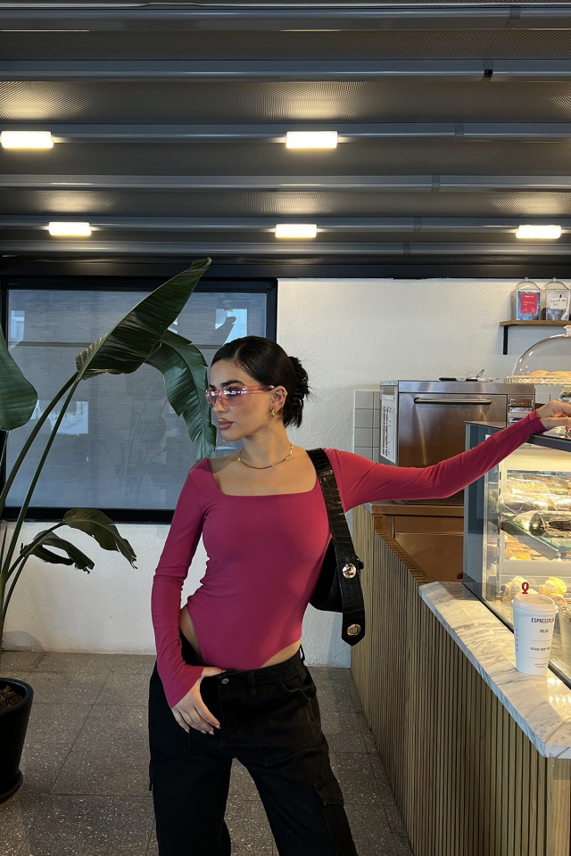 Fuşya Kare Yaka Bodysuit ATE3264 - 1