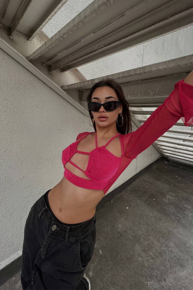 Fuşya Kolları Tül Crop Top ATE3522 - 4
