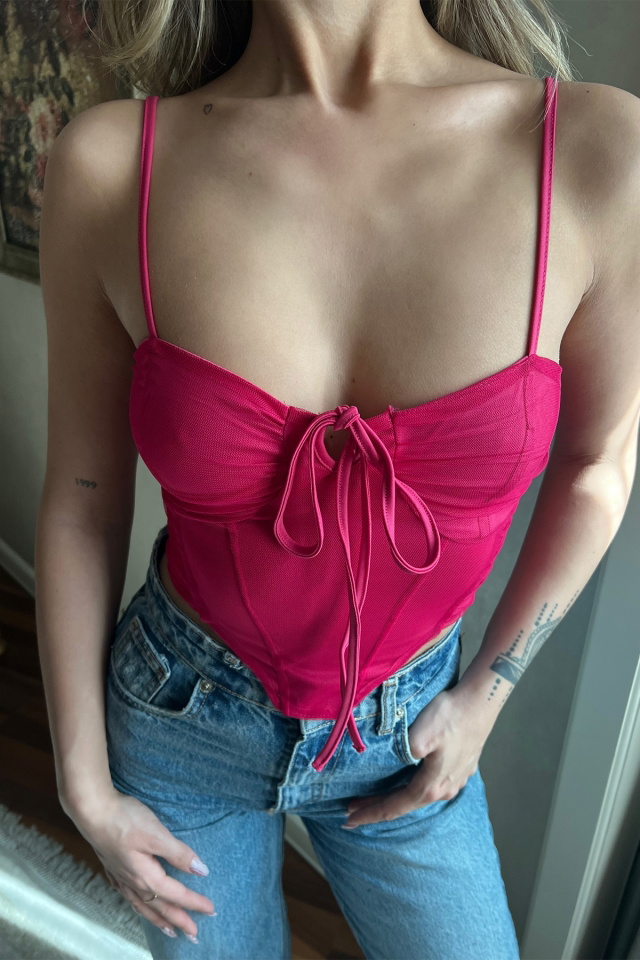Fuşya Önden Bağlamalı Crop Top ATE4024 - 2