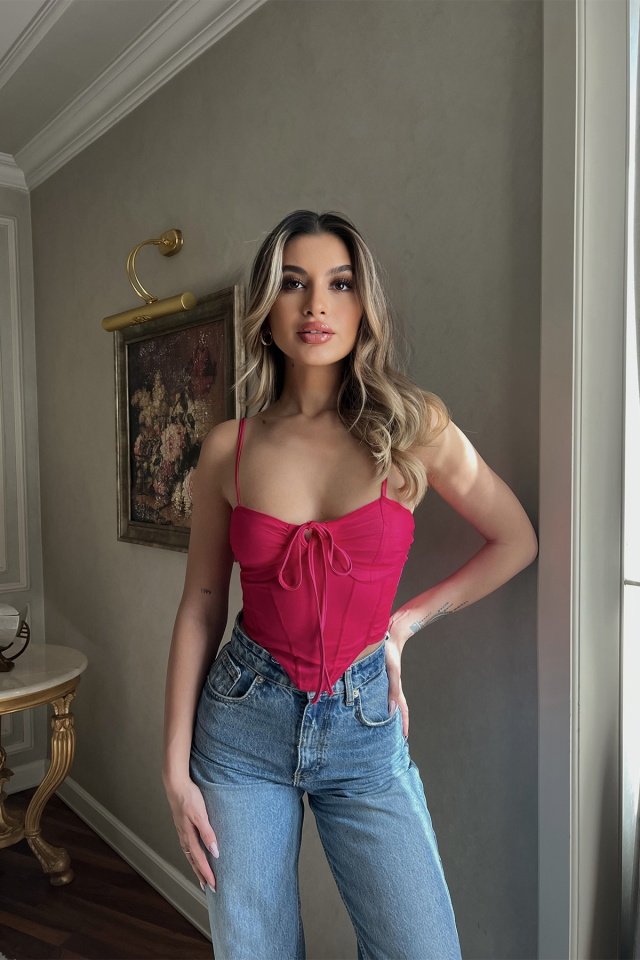 Fuşya Önden Bağlamalı Crop Top ATE4024 - 4