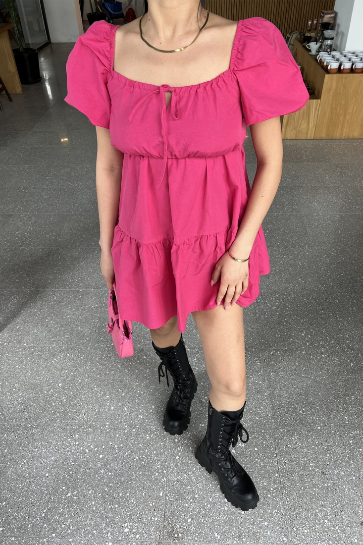 Fuşya Önden Bağlamalı Mini Elbise ATE4823 - EYYO