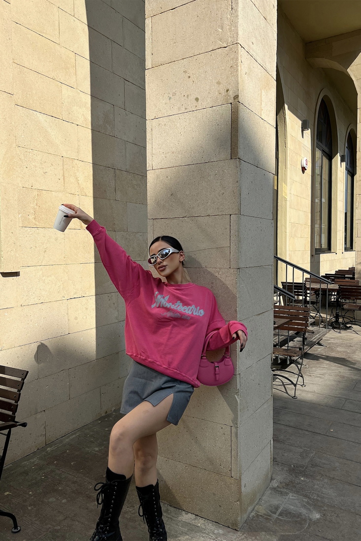 Fuşya Önü Baskılı Sweat ATE4505 - EYYO