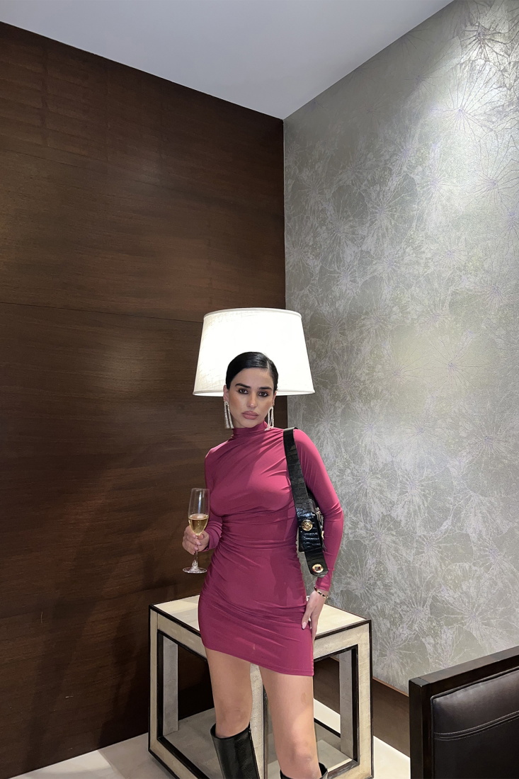 Fuşya Önü Büzgülü Mini Elbise ATE3395 - EYYO