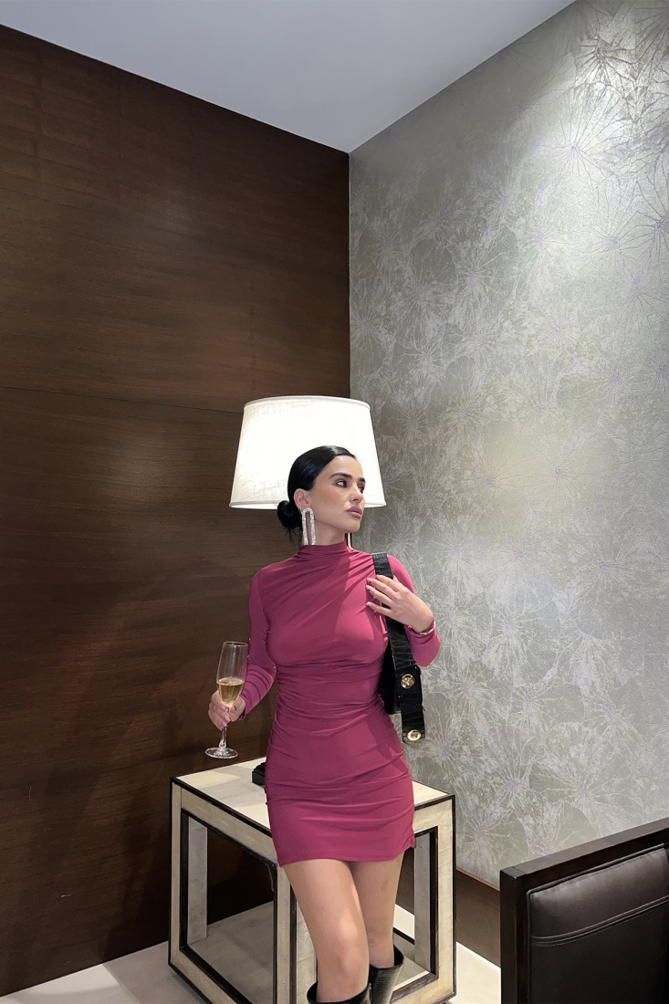 Fuşya Önü Büzgülü Mini Elbise ATE3395 - EYYO