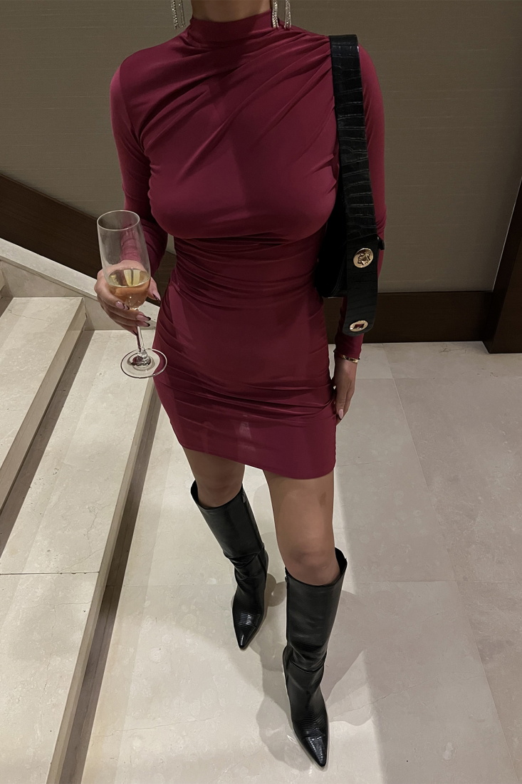 Fuşya Önü Büzgülü Mini Elbise ATE3395 - EYYO